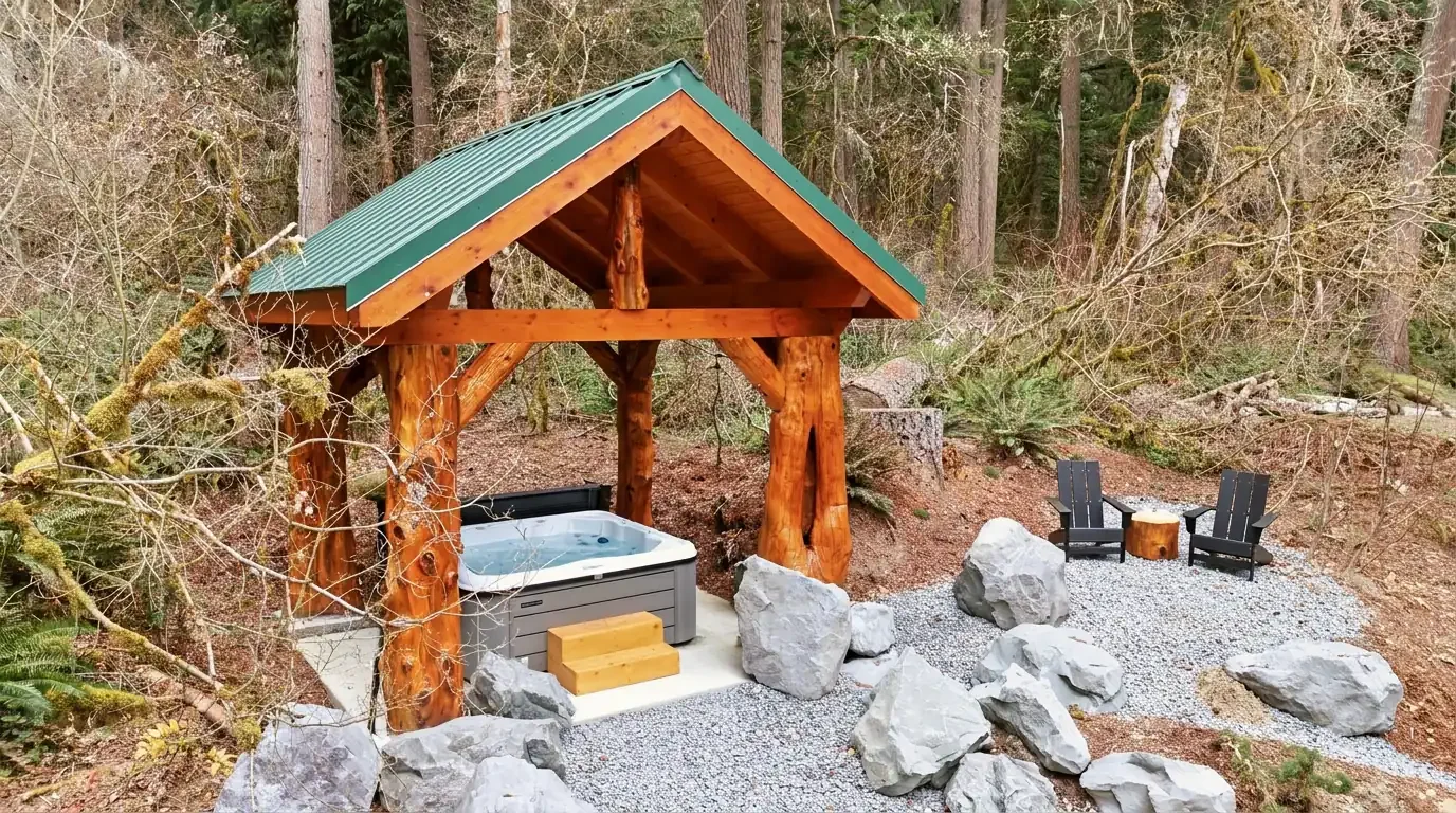 The covered hot tub pavilion at Fjellsangin, featuring handcrafted cedar posts and a private hot tub surrounded by permanently protected Nisqually Land Trust forest in Ashford, Washington