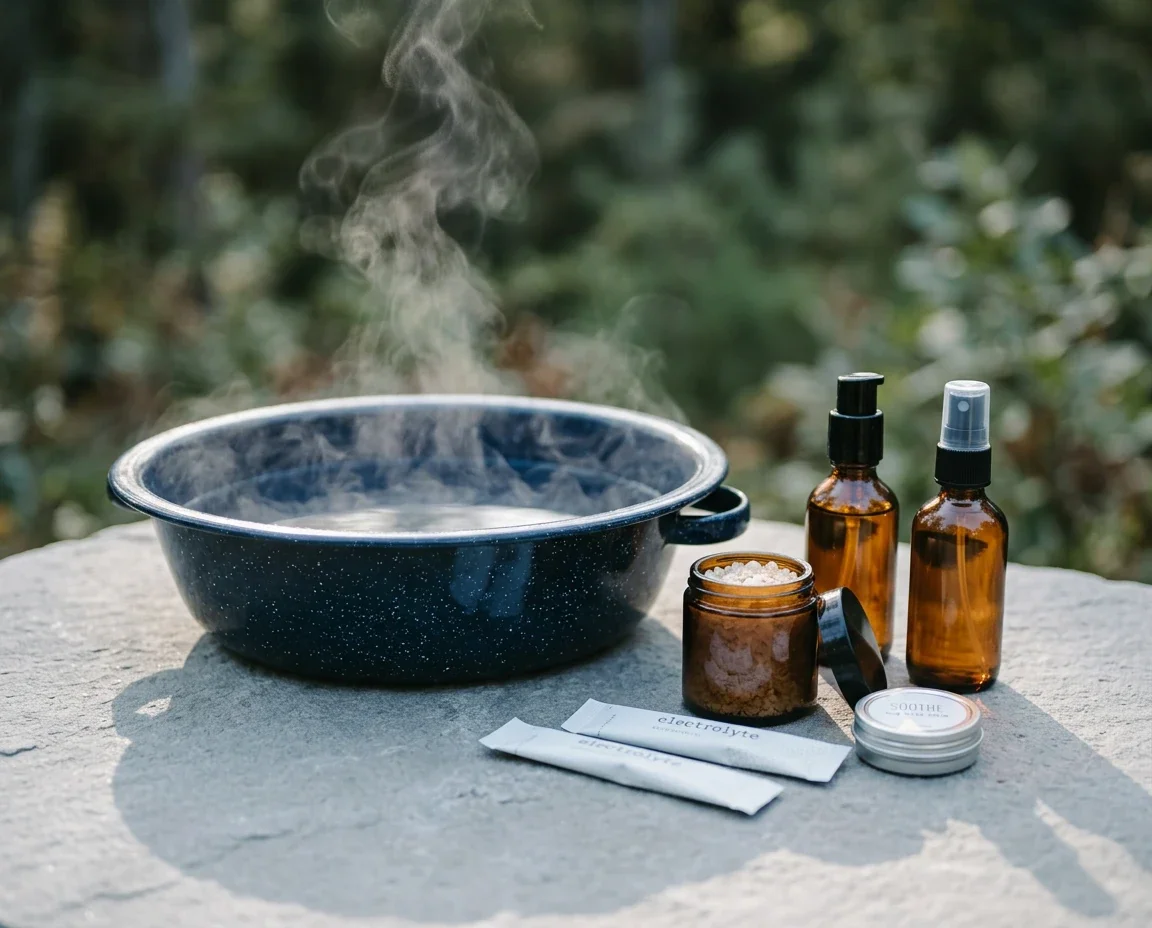 Navy enamelware foot soak basin with muscle oil, after sun spray and bite balm from the Trail Recovery kit at Fjellsangin