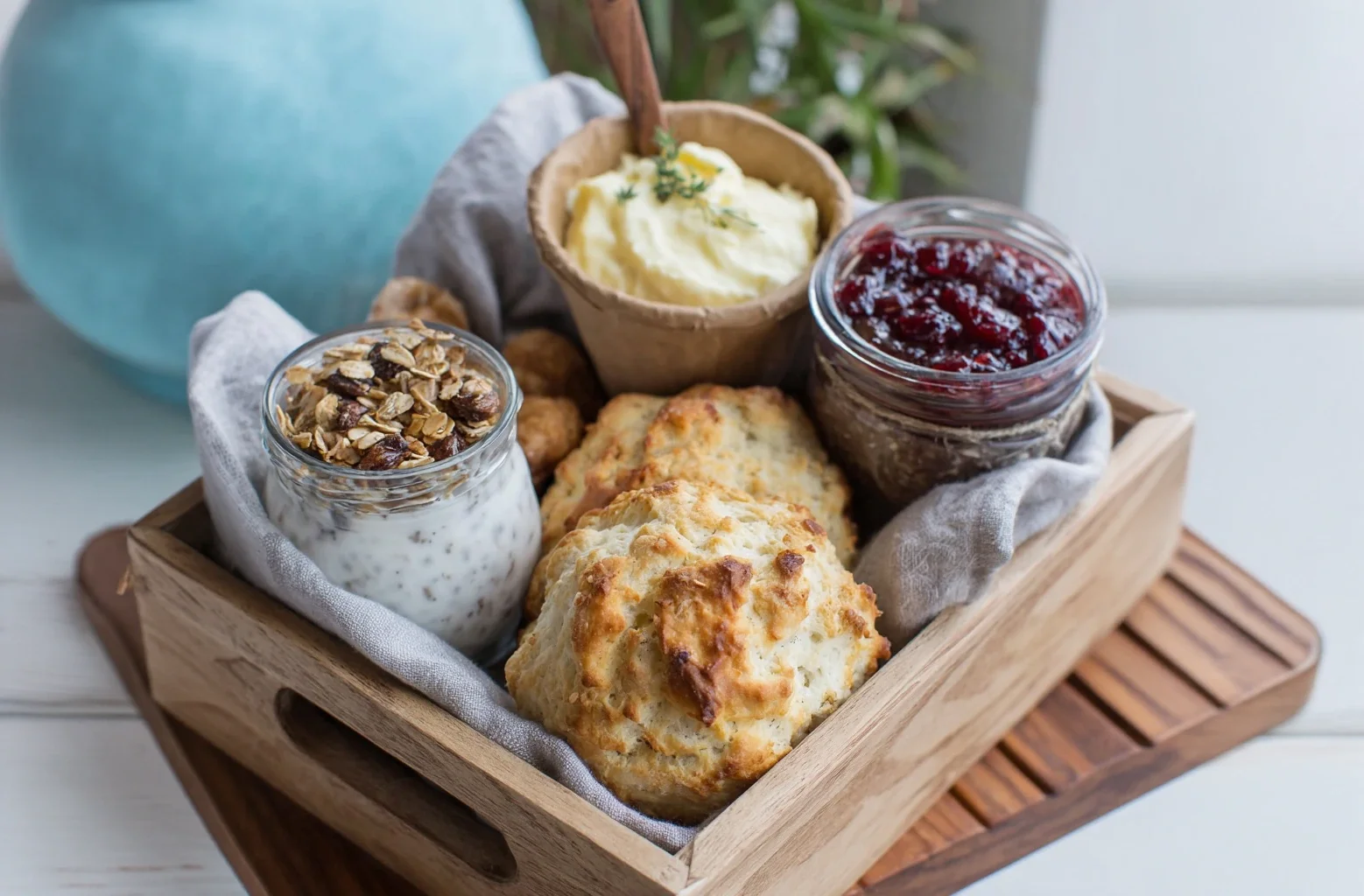 Morning Meadow Picnic breakfast spread with biscuits and jams at Fjellsangin cabin in Ashford, WA