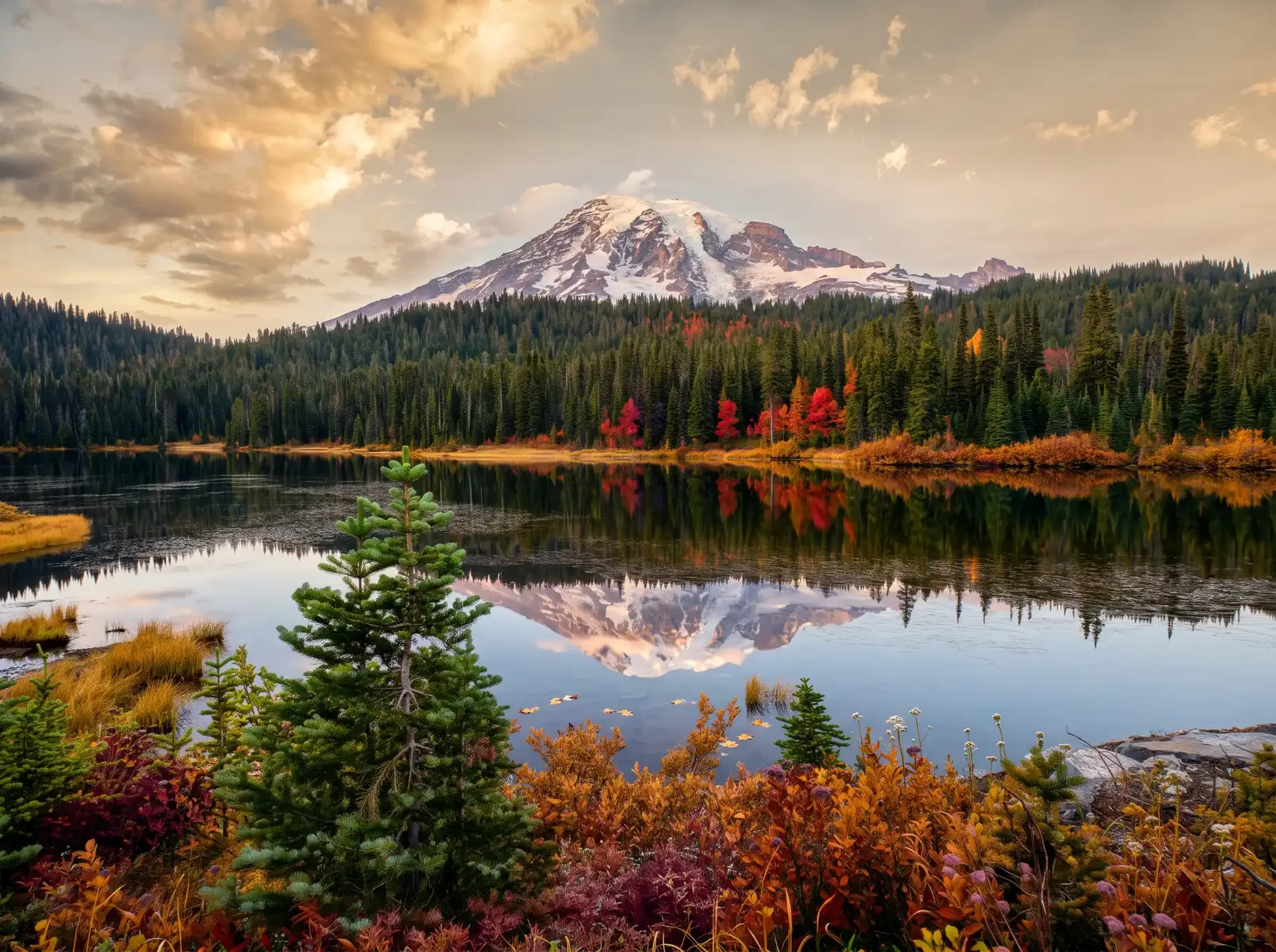 Reflection Lakes beside Stevens Canyon Road in fall, Mount Rainier National Park