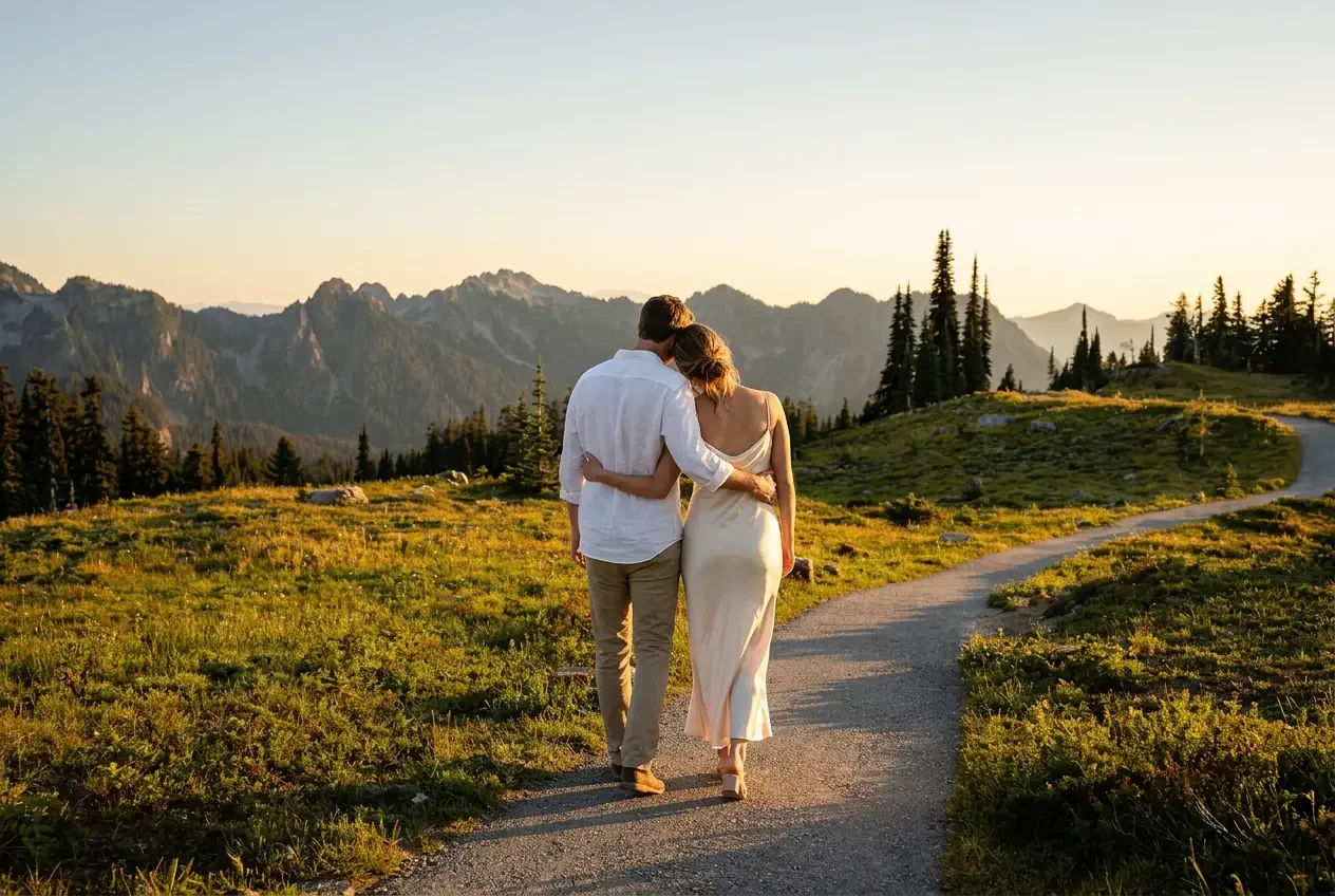 Couple walking arm in arm on a gravel alpine trail at golden hour, mountain peaks and evergreen ridgelines stretching ahead — a short drive from Fjellsangin honeymoon cabin near Mount Rainier, Washington