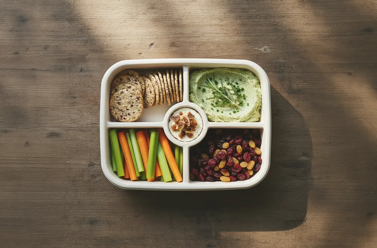 Wildflower Bento lunch kit with crackers, goat cheese, fresh veggies at Fjellsangin cabin near Mt. Rainier