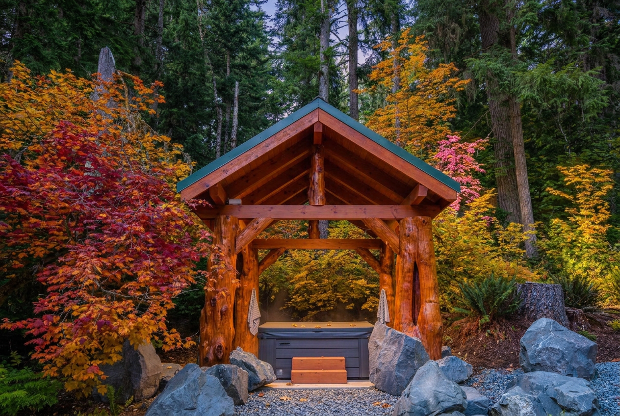 The covered hot tub pavilion at Fjellsangin by Mount Rainier.