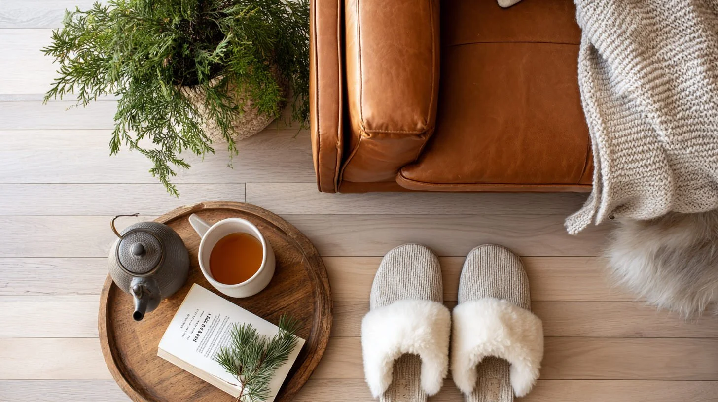 Slow morning flat lay with tea, open book, knit throw, and slippers — the unhurried pace of a stay at Fjellsangin cabin near Mount Rainier, Ashford WA