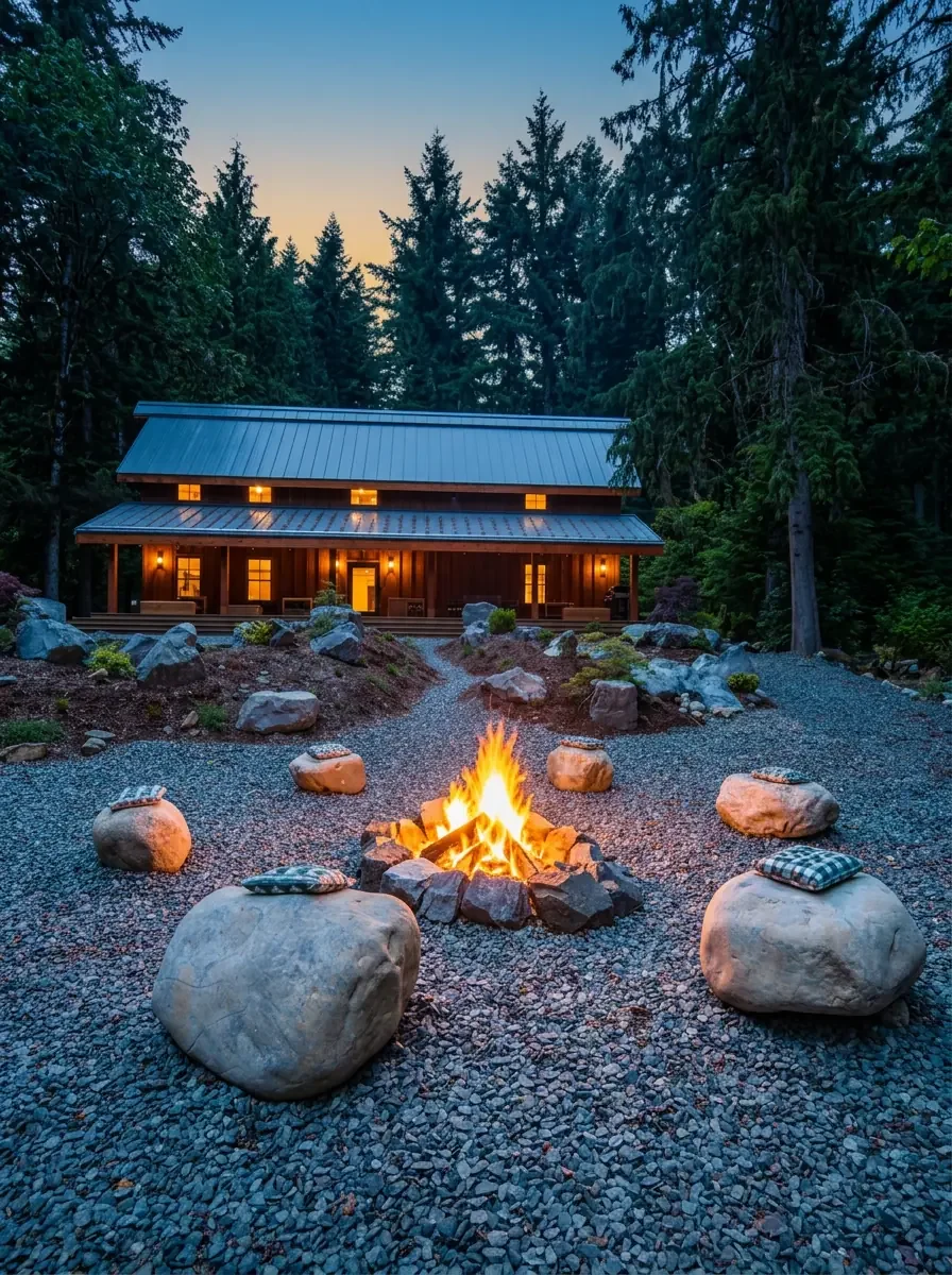 Stone fire pit with natural boulder seating at Fjellsangin, a forest cabin in Ashford Washington