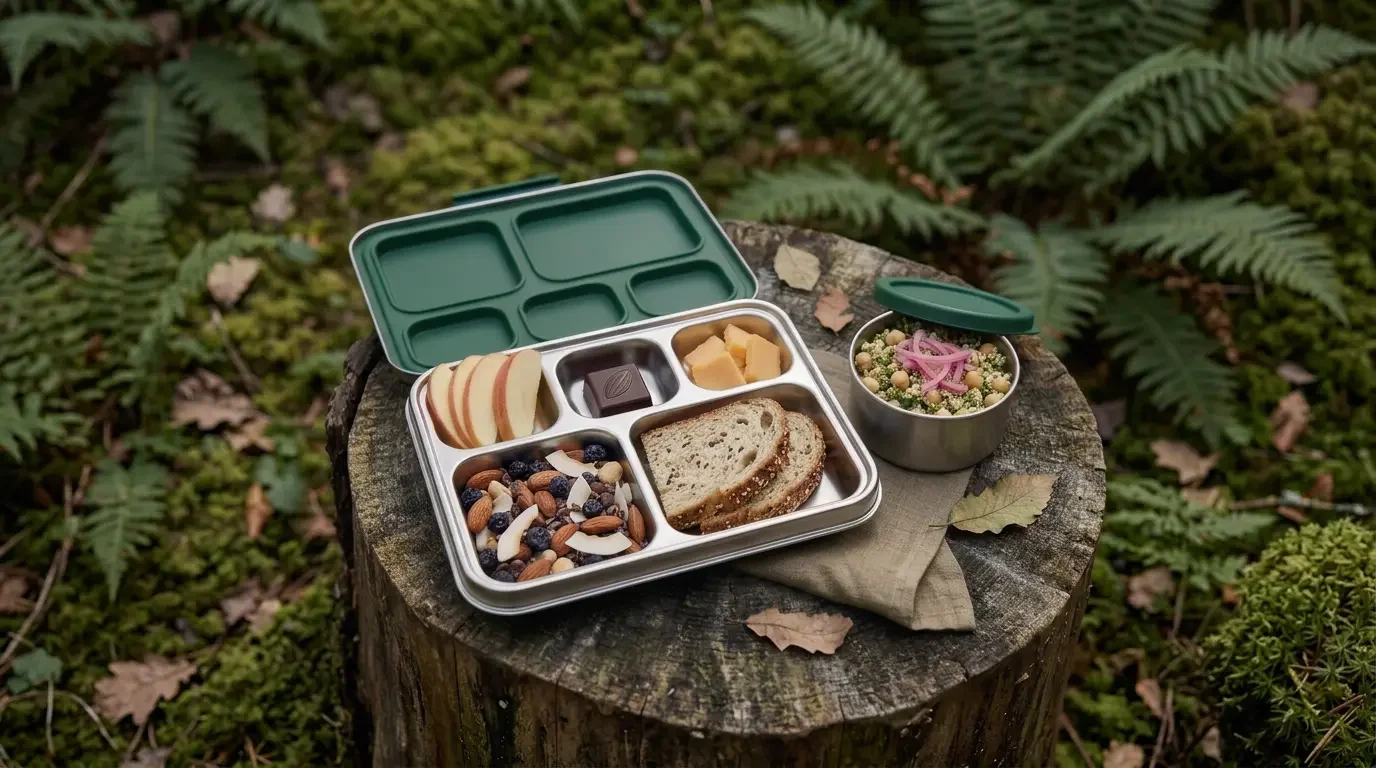 Fjellsangin Wildflower Bento — seeded crackers, celery and carrots, whipped goat cheese with figs, cranberries and raisins, chive dill cream cheese, forest stump setting