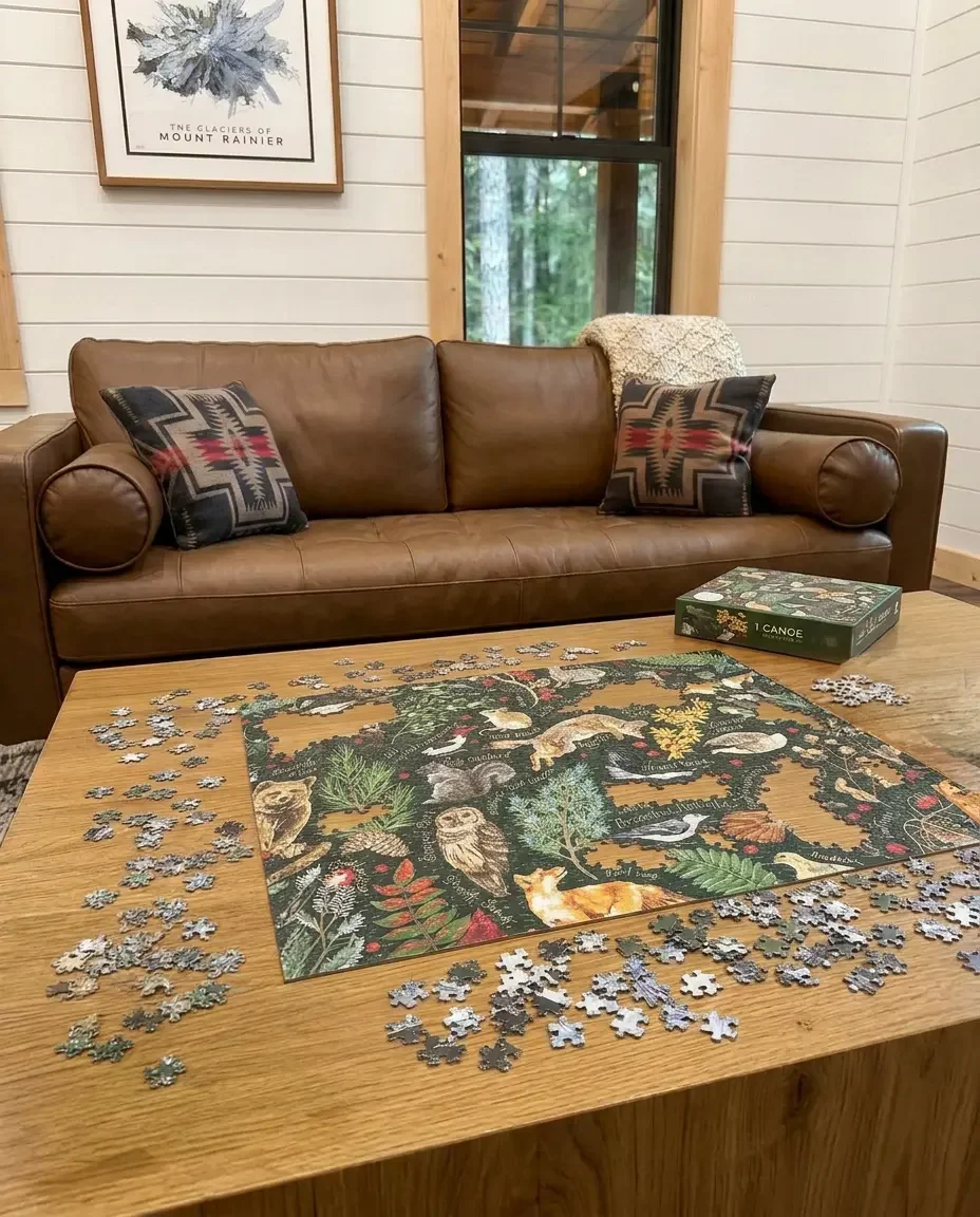 Leather sofa with Pendleton pillows and a puzzle in progress in the great room at Fjellsangin cabin near Mount Rainier