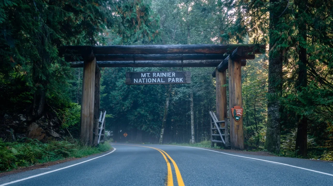 Early morning road toward the Nisqually Entrance to Mount Rainier National Park near Ashford WA