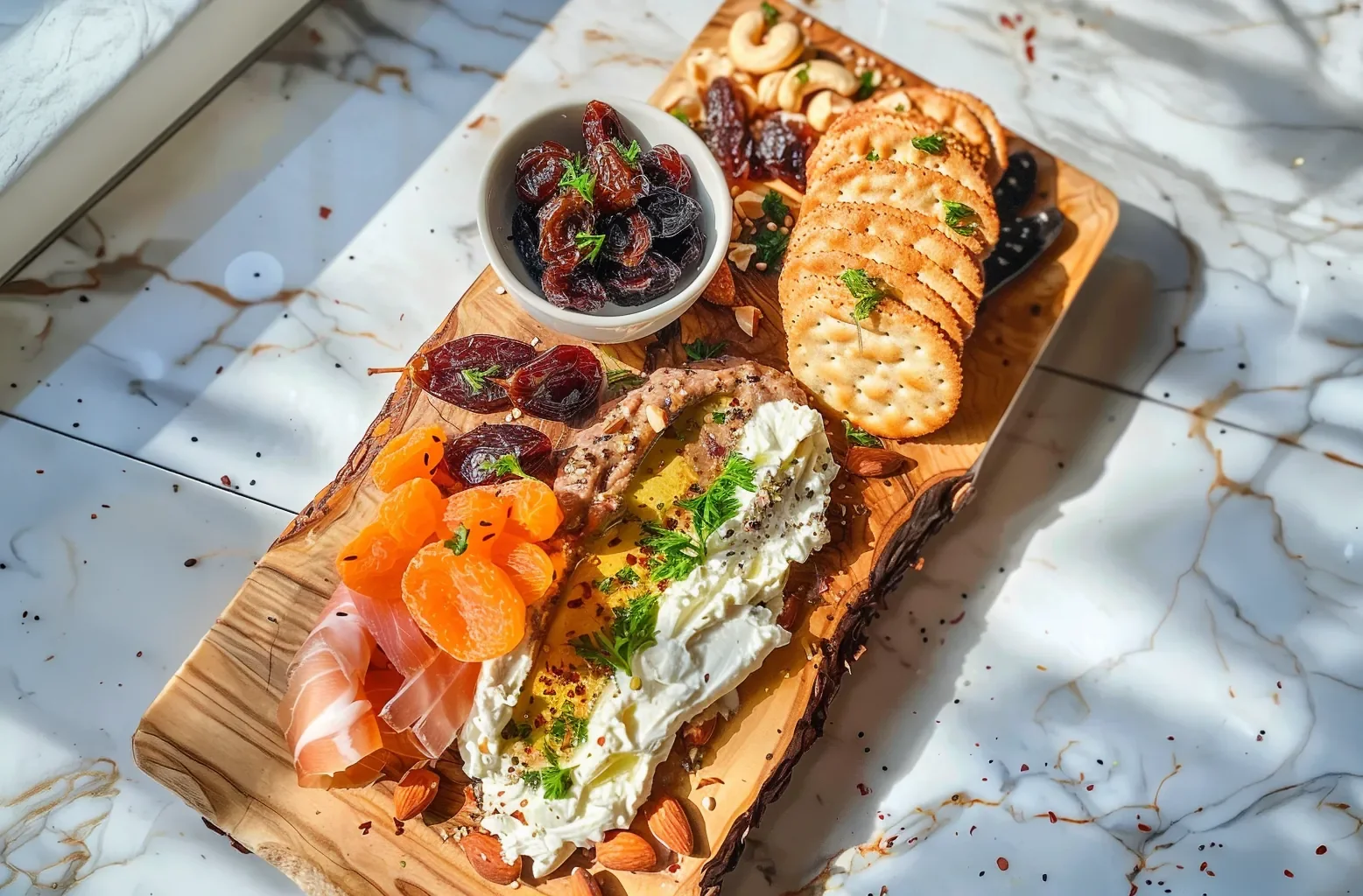 Forest Picnic Board with cheese, crackers, and fruit at Fjellsangin forest cabin in Ashford, WA