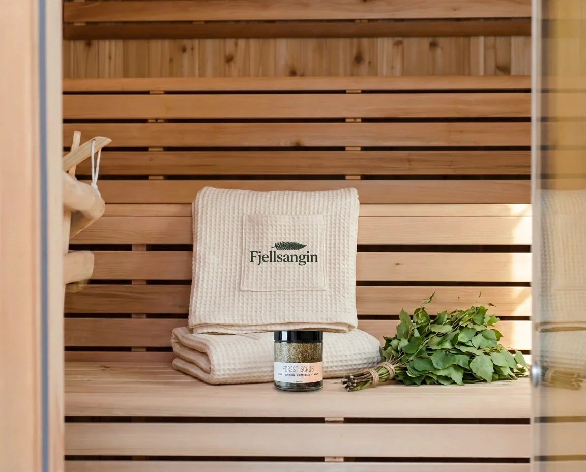 Fjellsangin Löyly Day — embroidered waffle wraps, birch vihta, and forest scrub on the cedar sauna bench
