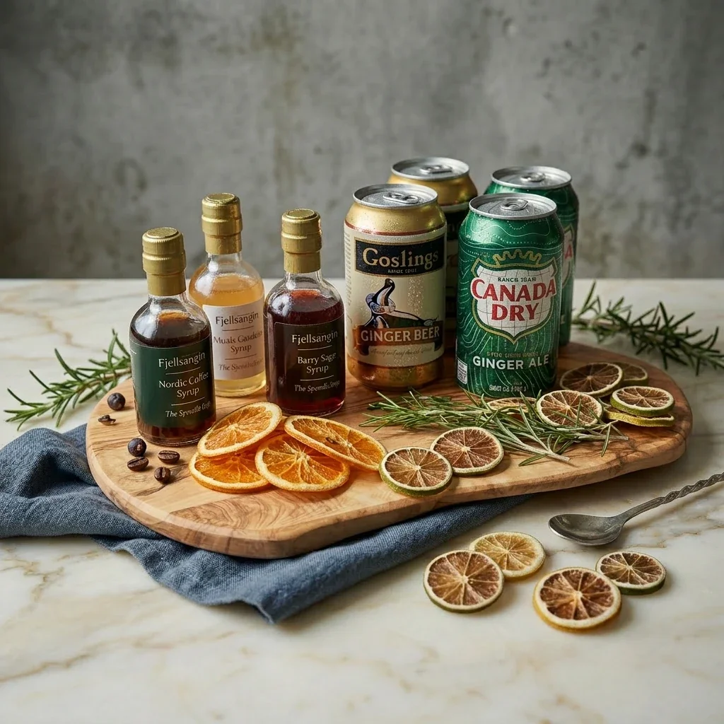 Sparkle Bar botanical cocktail kit with house syrups, ginger beer, and dried citrus at Fjellsangin cabin near Mt. Rainier