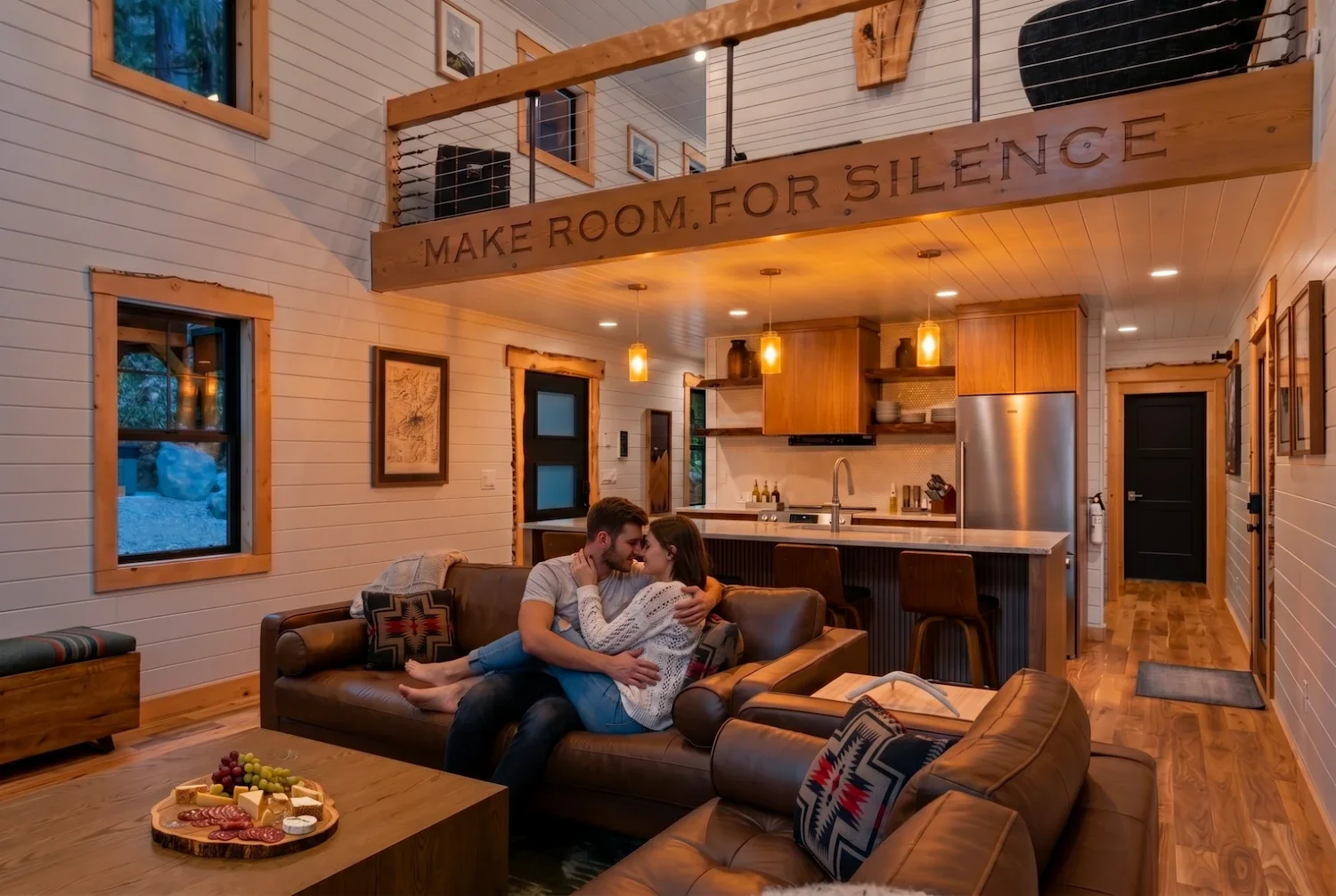 Fjellsangin great room at evening — couple on leather sofa beneath Make Room for Silence beam, charcuterie board, warm pendant light, Ashford WA