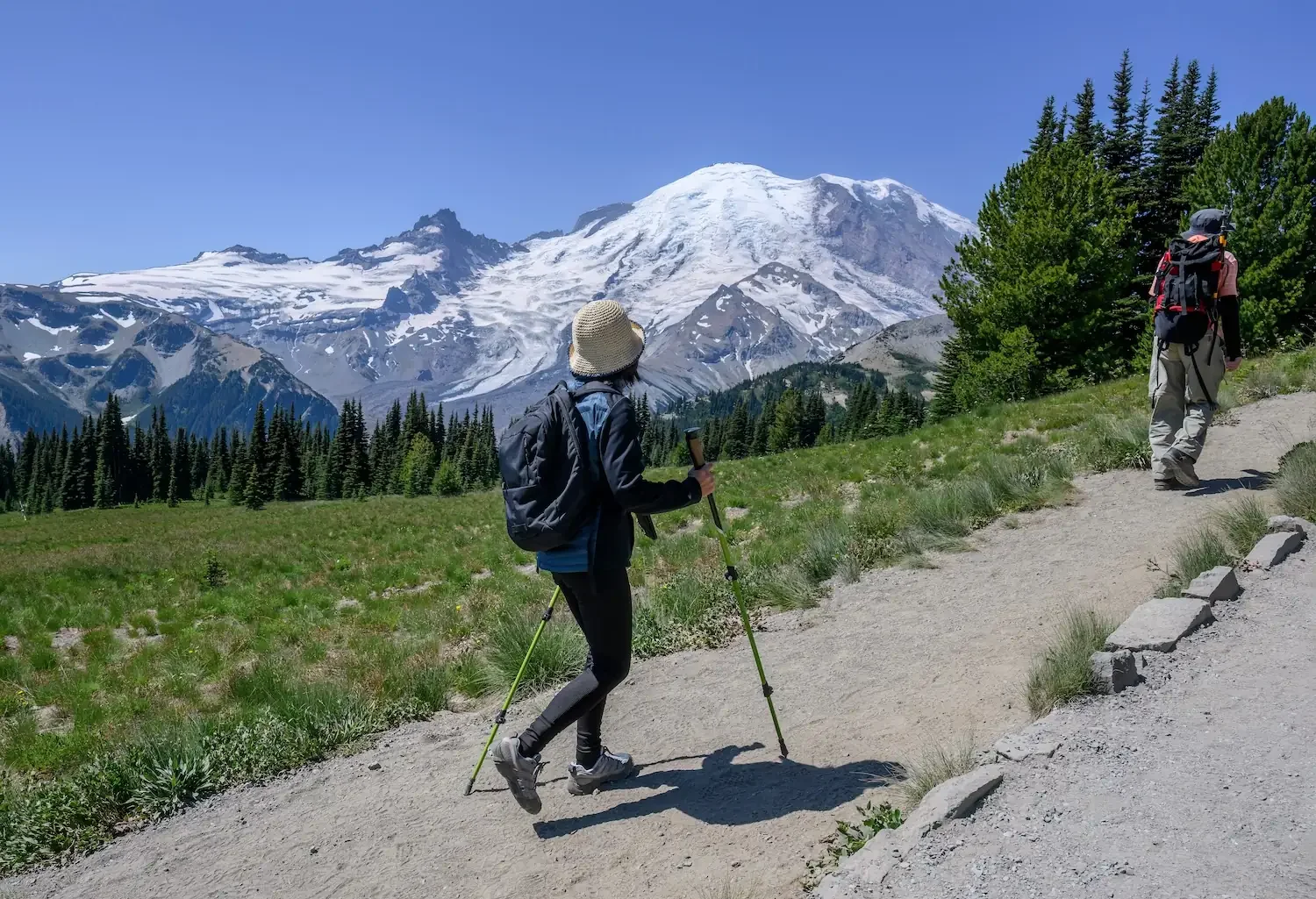 Hikers on summer trail toward Mount Rainier at Paradise, 45 minutes from Fjellsangin cabin in Ashford WA