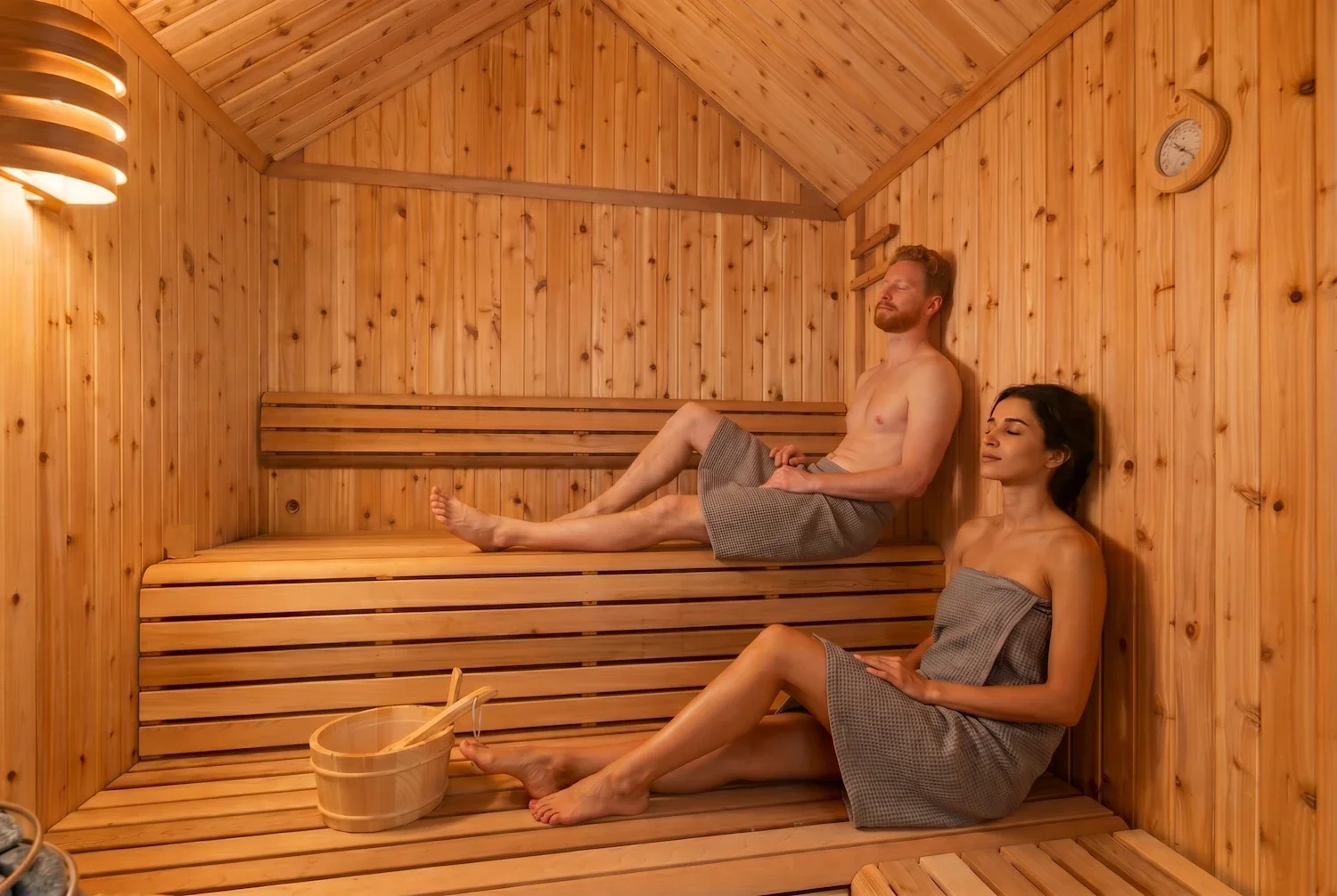 Fjellsangin cedar sauna — couple relaxing on tiered benches in waffle wraps, steam, warm amber light, Ashford WA