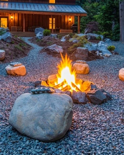 Stone fire pit with glacial boulder seating at Fjellsangin, forest cabin Ashford Washington