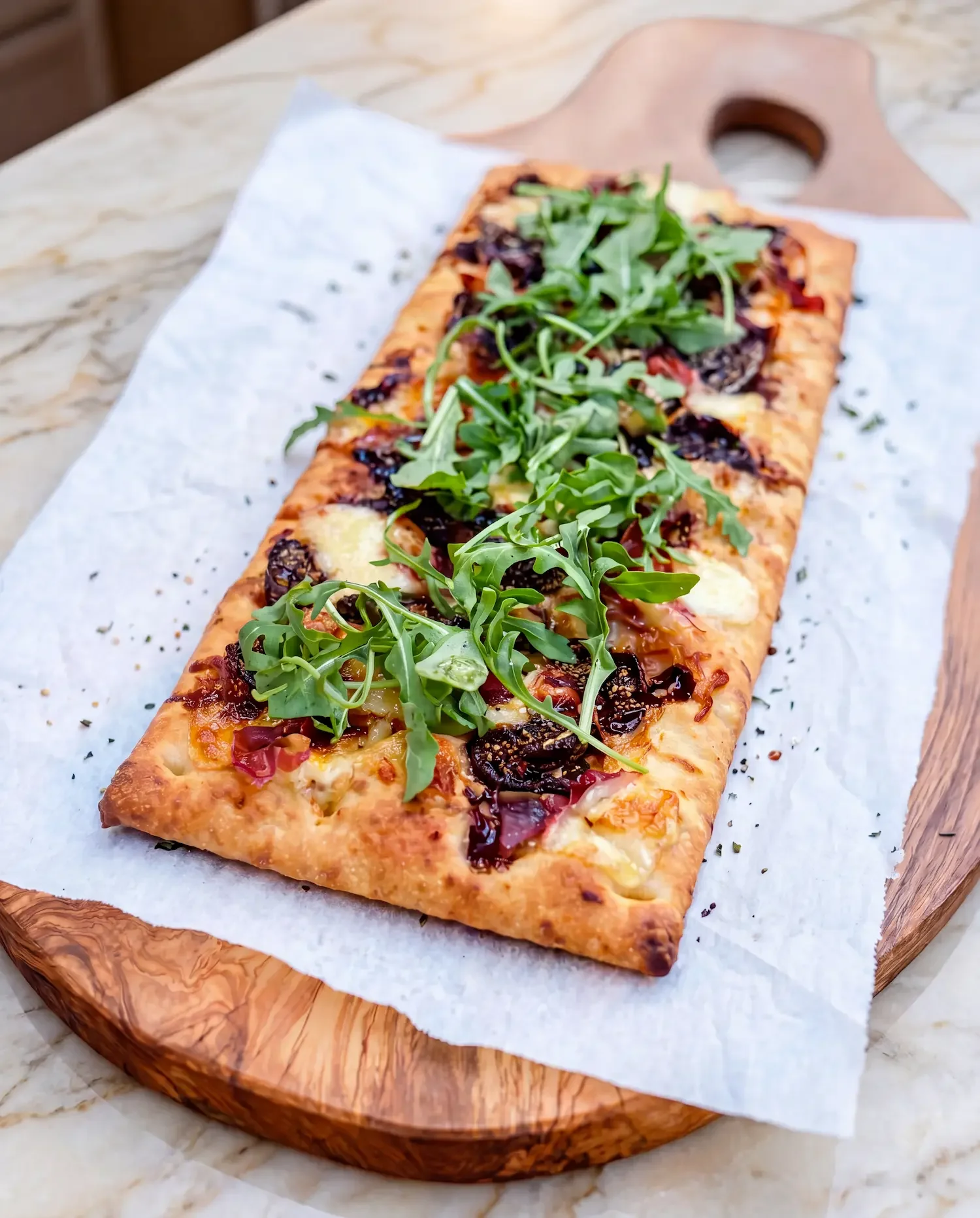 Fig, prosciutto, and fresh arugula pizza on a live-edge olive wood board on the Taj Mahal quartzite countertop — Mountain Pizza Night at Fjellsangin