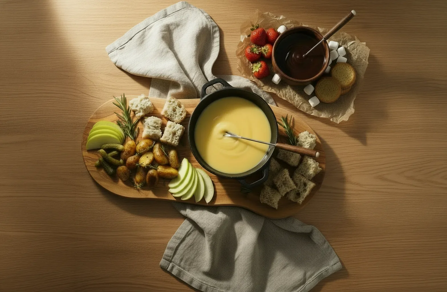 Fondue for Two kit with cheese and chocolate fondue — couples retreat at Fjellsangin cabin near Mount Rainier