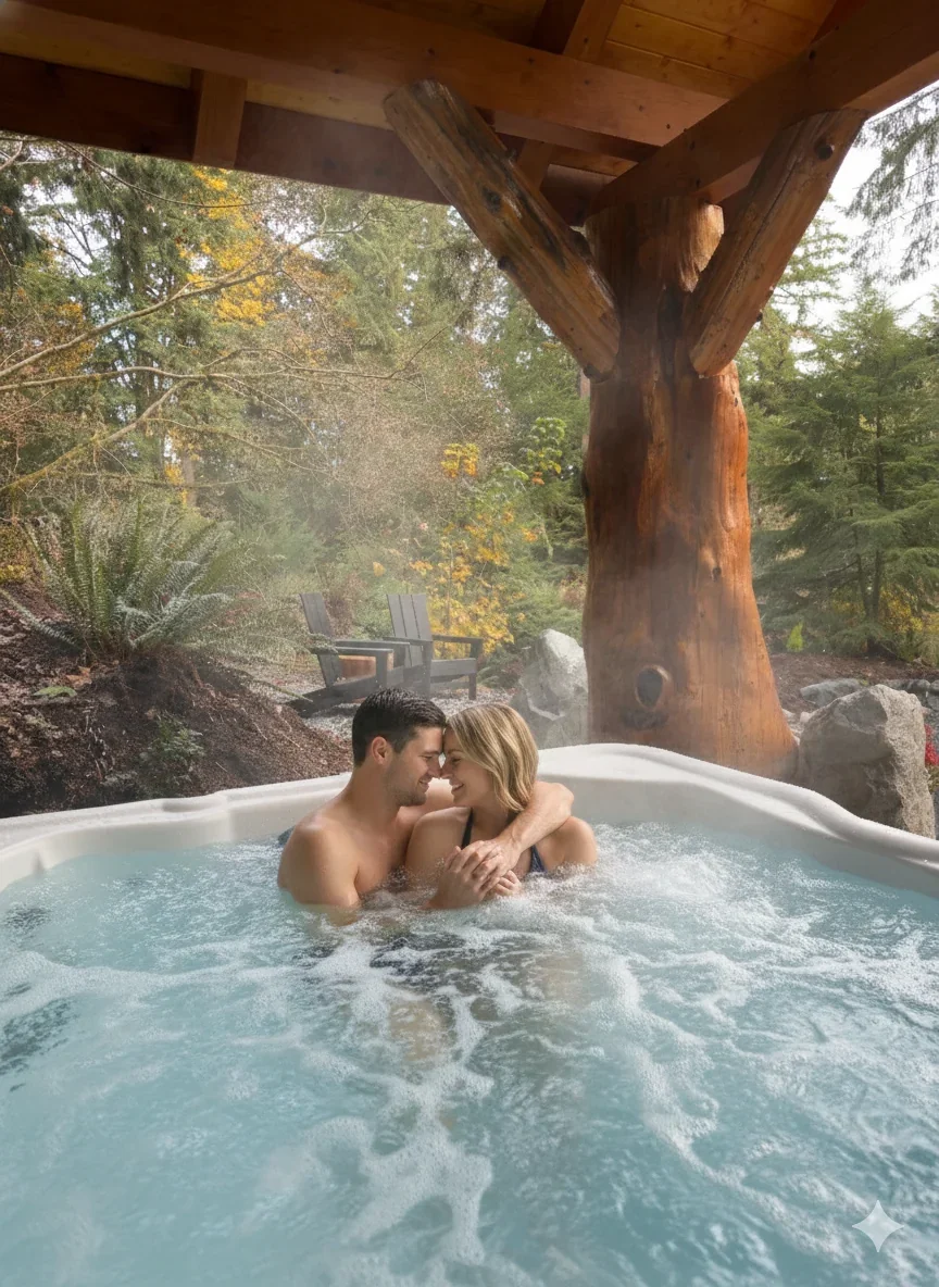 A honeymoon couple in a hot tub at Fjellsangin at Mount Rainier.