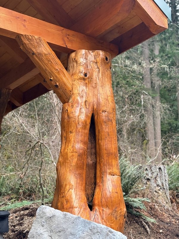 Cedar post detail of the hand-built hot tub pavilion at Fjellsangin near Mount Rainier — locally sourced cedar aging in the old-growth forest, Ashford, WA