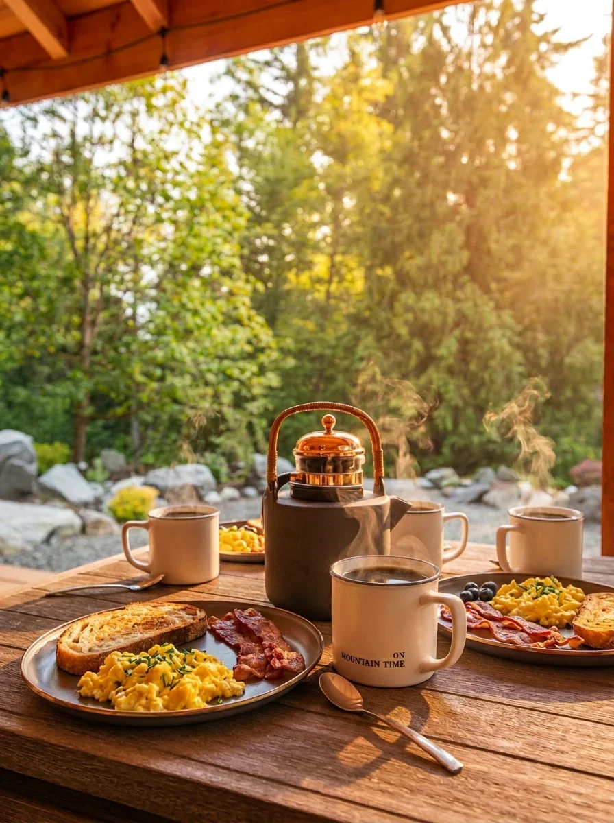 Breakfast on the covered deck table at Fjellsangin, slow morning at a PNW cabin getaway
