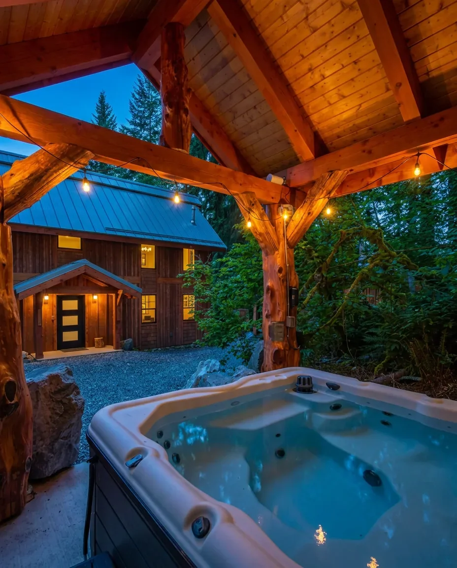 Covered hot tub pavilion with cedar posts at twilight, cabin glowing in the background at Fjellsangin near Mount Rainier