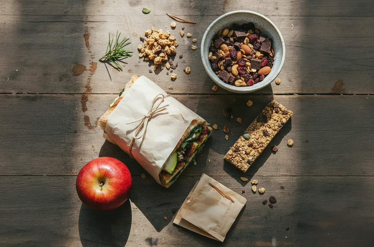 Alpine Classic Veggie lunch kit with wrap, apple, and granola bar — Fjellsangin PNW cabin getaway