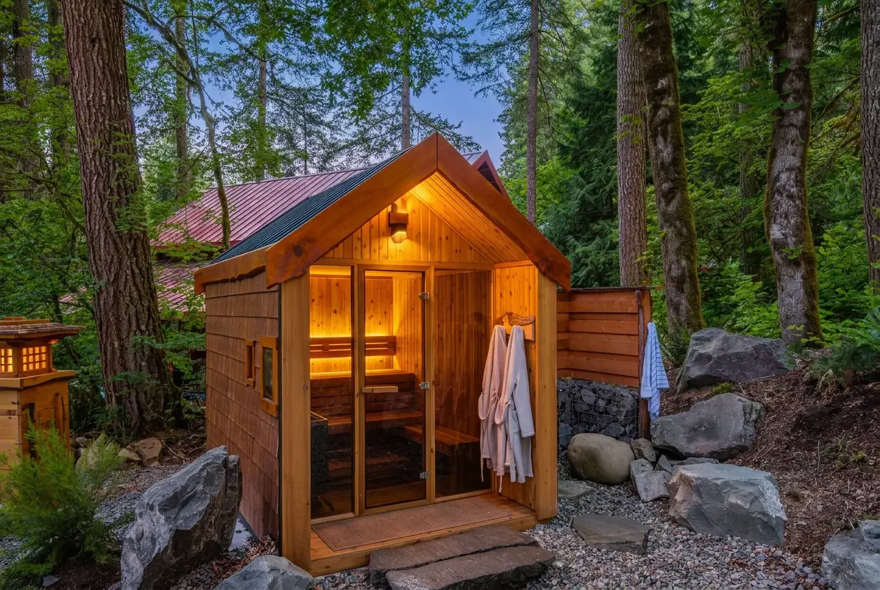 The cedar sauna lit up at Fjellsangin in the evening