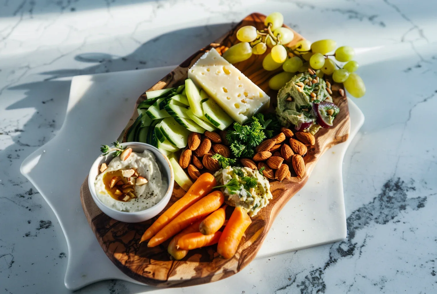 Après sauna snack board with grapes, almonds, and cheese at Fjellsangin sauna cabin near Mt. Rainier