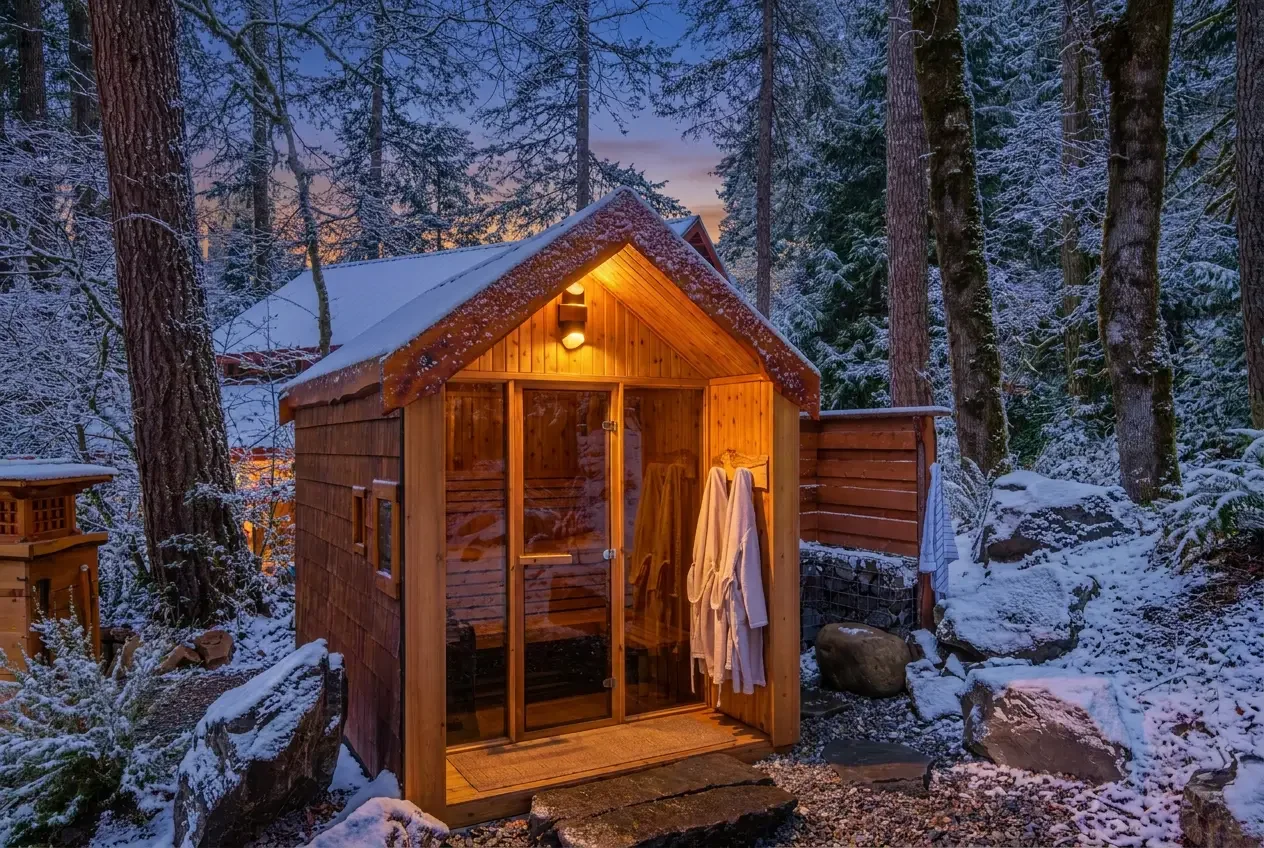 Cedar sauna with a glass front glowing at dusk, snow on the roof and rocks, and two robes hanging by the door at Fjellsangin in Ashford WA