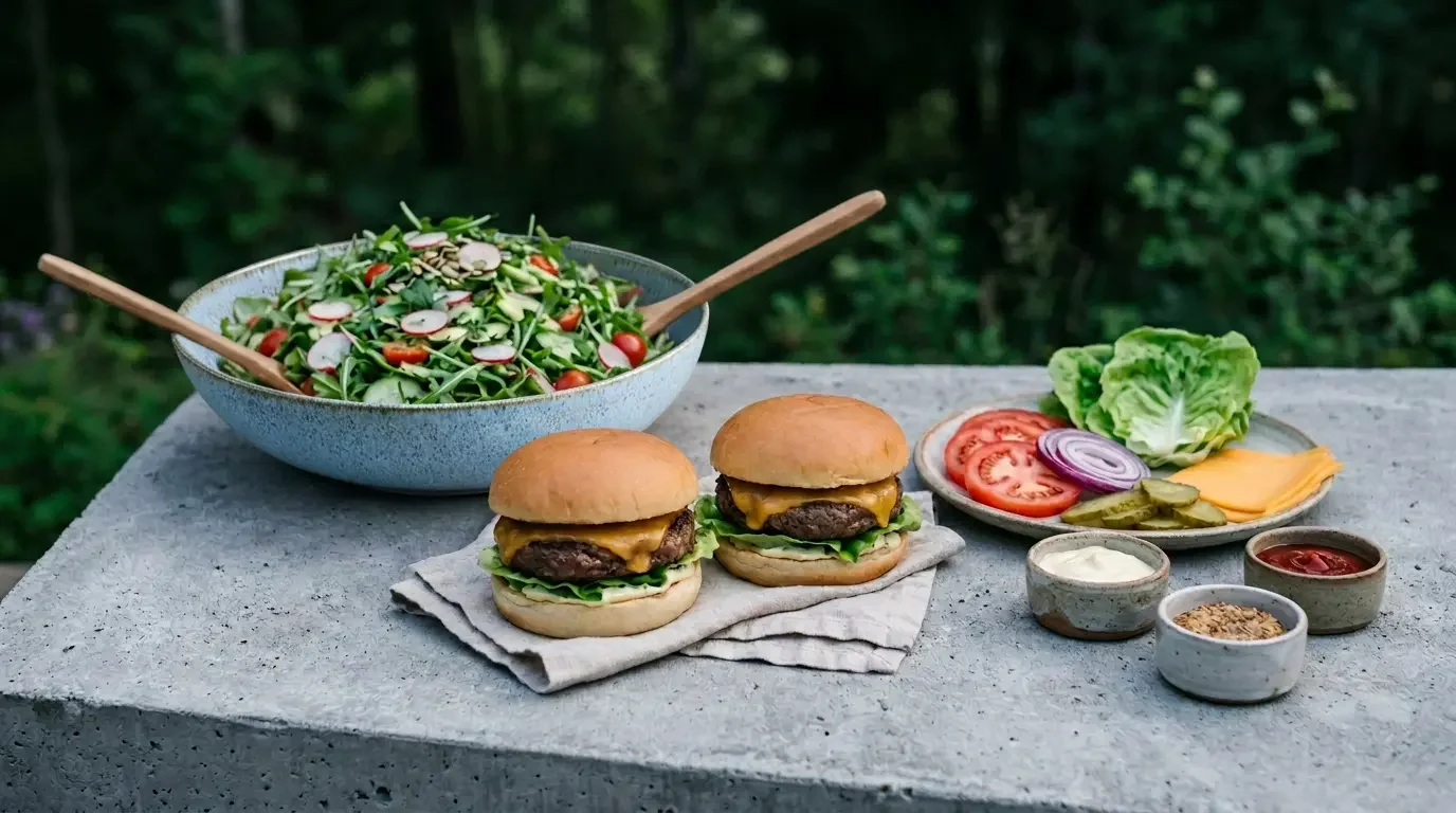 Fjellsangin Grill Night Classic — two burgers, garden salad, condiments and toppings on cabin deck