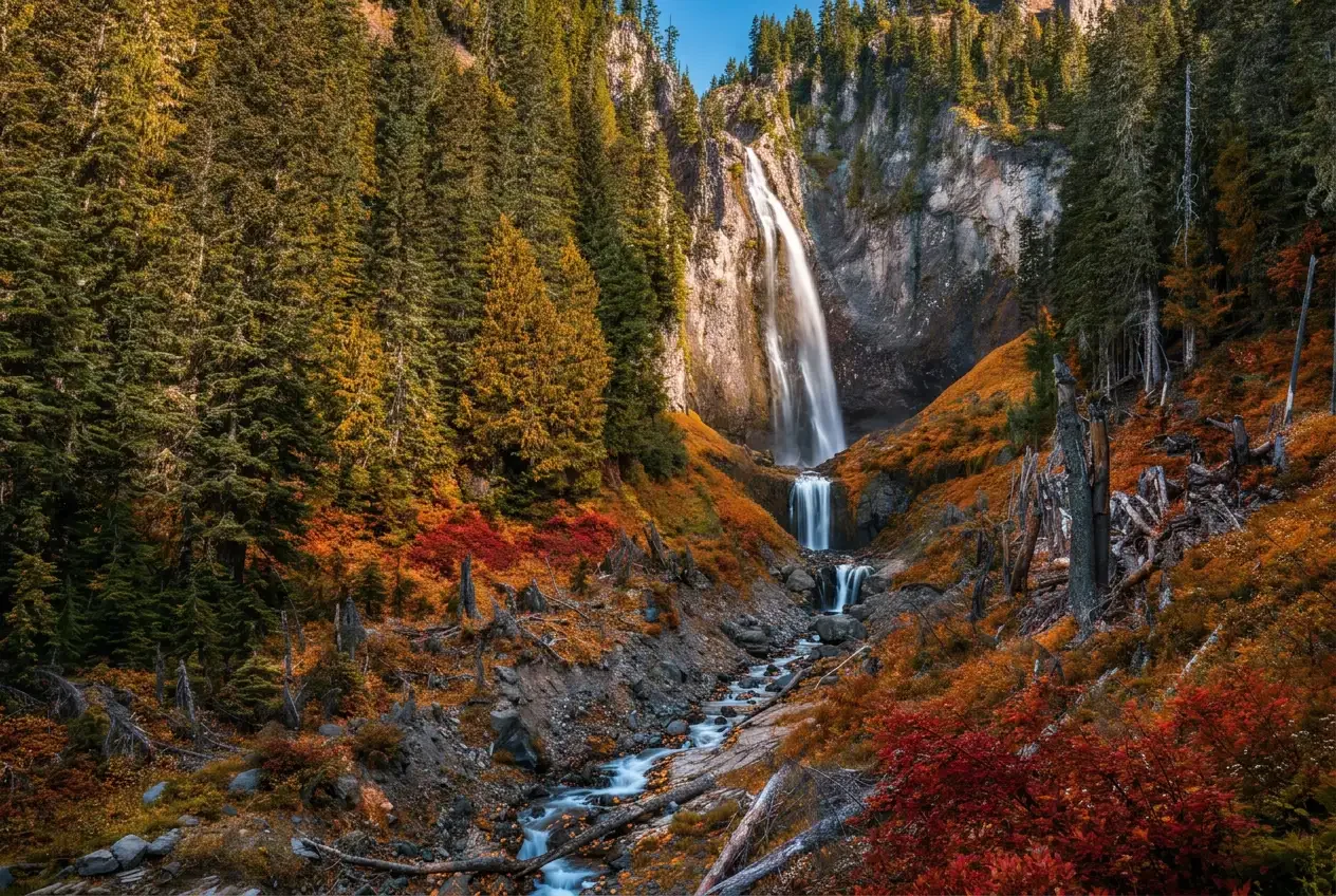 Comet Falls dropping through fall forest color near the Nisqually Entrance