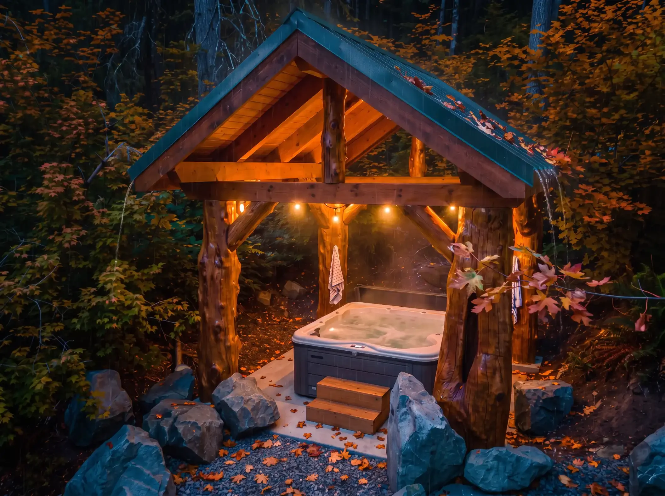 Covered hot tub pavilion with cedar log posts at Fjellsangin in Ashford WA on a rainy fall evening  [