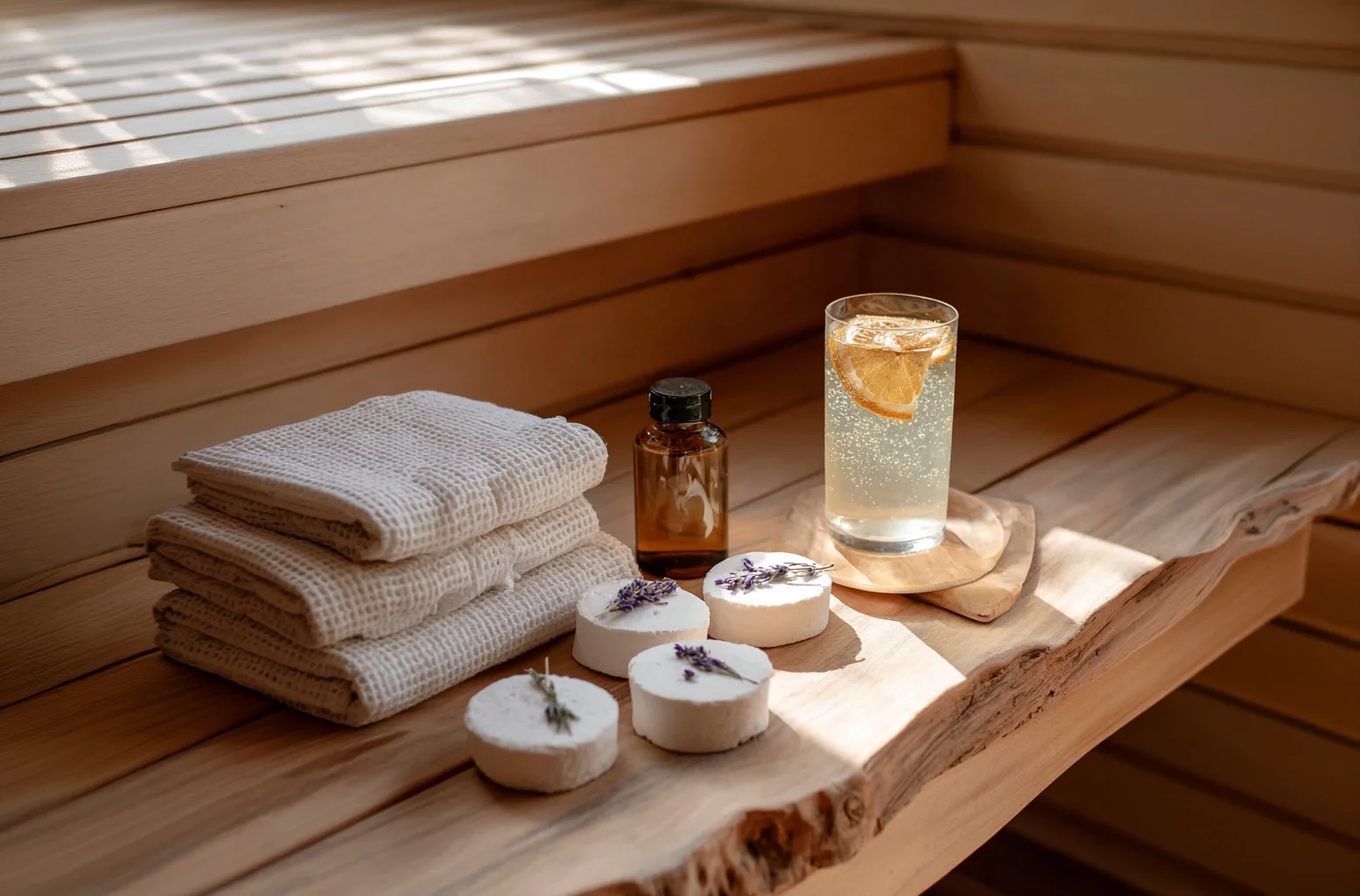Sauna Ritual for Two with towels and lavender shower steamers at Fjellsangin Nordic sauna cabin near Mt. Rainier