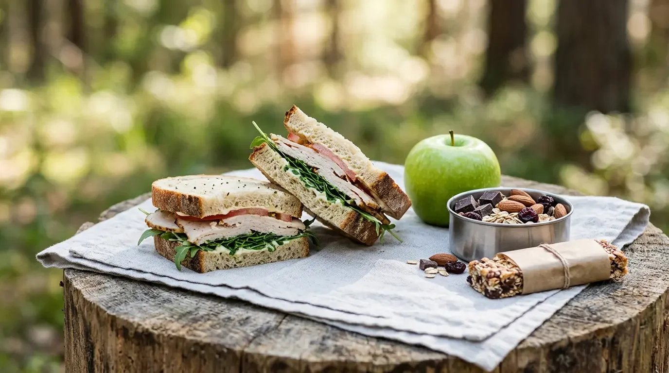 Fjellsangin Alpine Classic — herbed turkey sandwich, green apple, chocolate trail mix, kraft-wrapped granola bar on forest stump