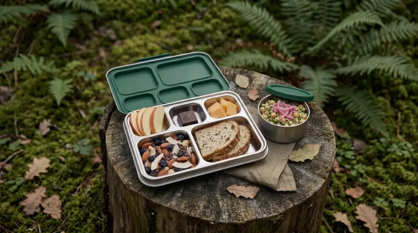 Fjellsangin Fjell Fuel Box — dill quinoa, seeded sourdough, apple with aged cheddar and house trail mix in a stainless steel bento box