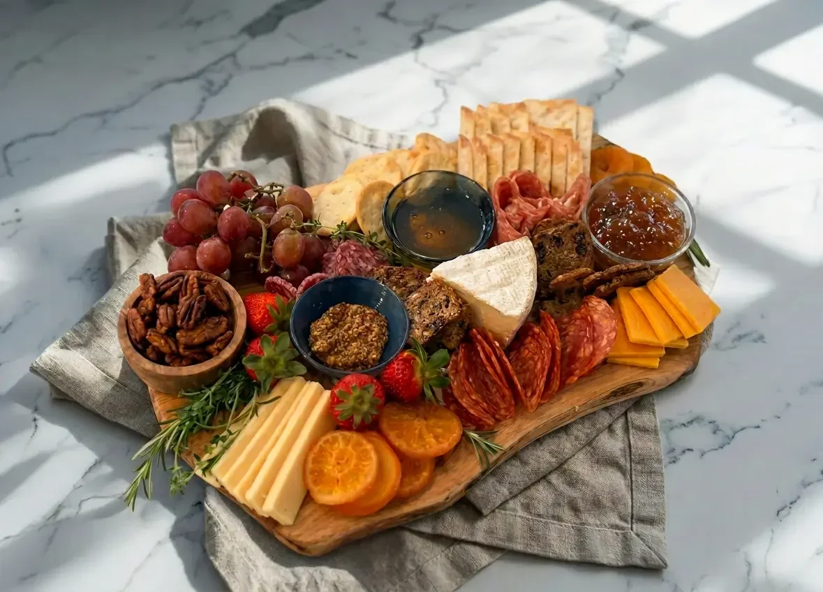 Alpenglow Board with alpine cheeses, cured meats and baguette at Fjellsangin cabin in Ashford WA