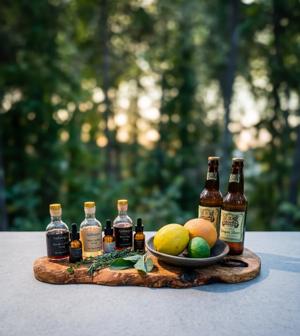 Sparkle Bar syrups, fresh citrus, and Bedford's ginger beer on a live-edge board at Fjellsangin, a wellness add-on near Mount Rainier