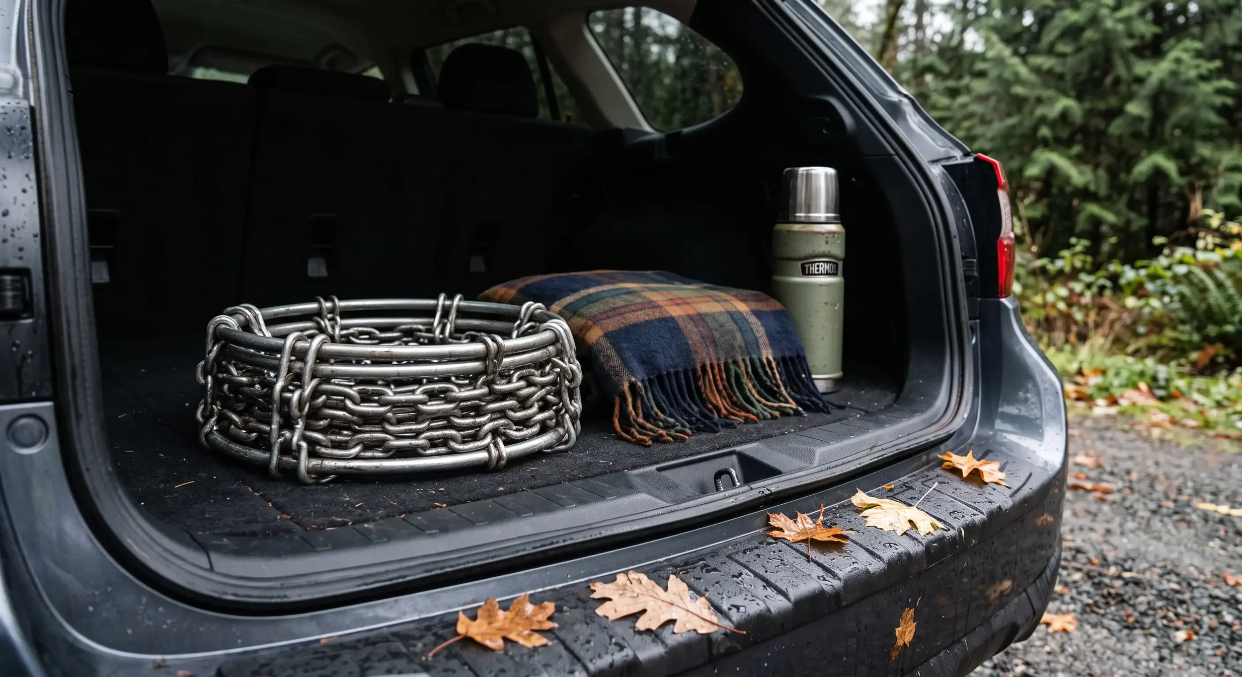 Tire chains packed in a car trunk for a November drive into Mount Rainier National Park