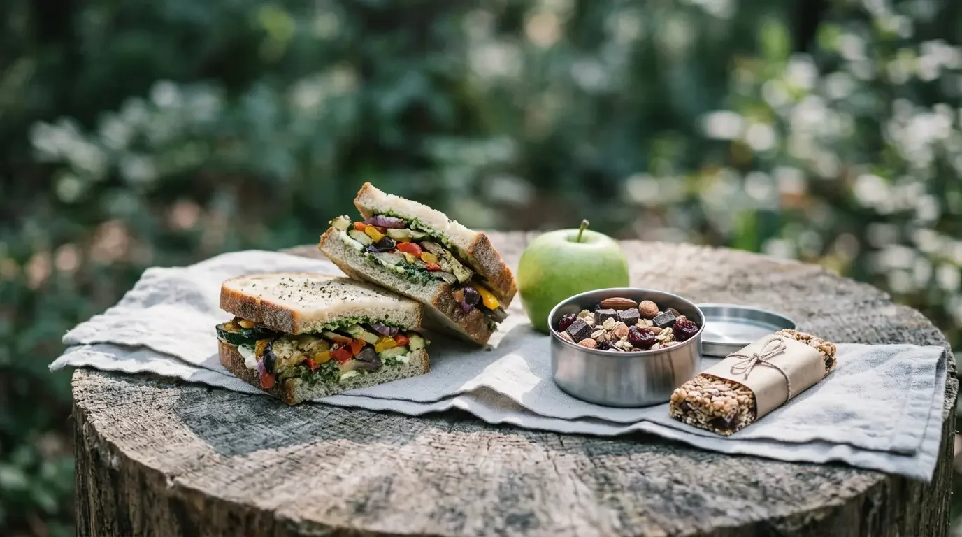 Fjellsangin Alpine Classic Veggie — roasted veggie pesto sandwich, apple, chocolate trail mix, kraft-wrapped granola bar on forest stump