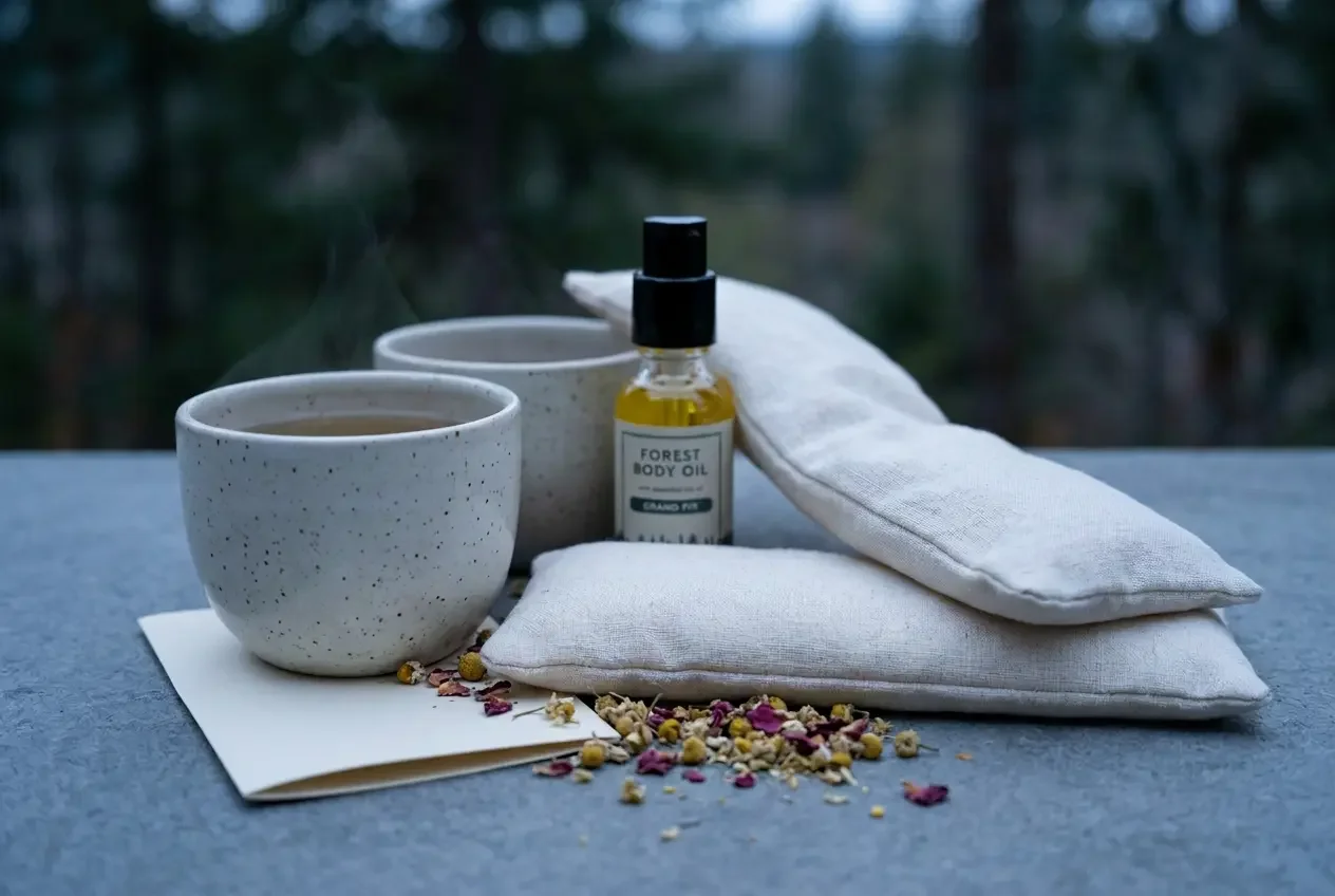 Grand Fir body oil, flax eye pillows and Nocturne tea from the Evening Ritual kit at Fjellsangin in Ashford WA