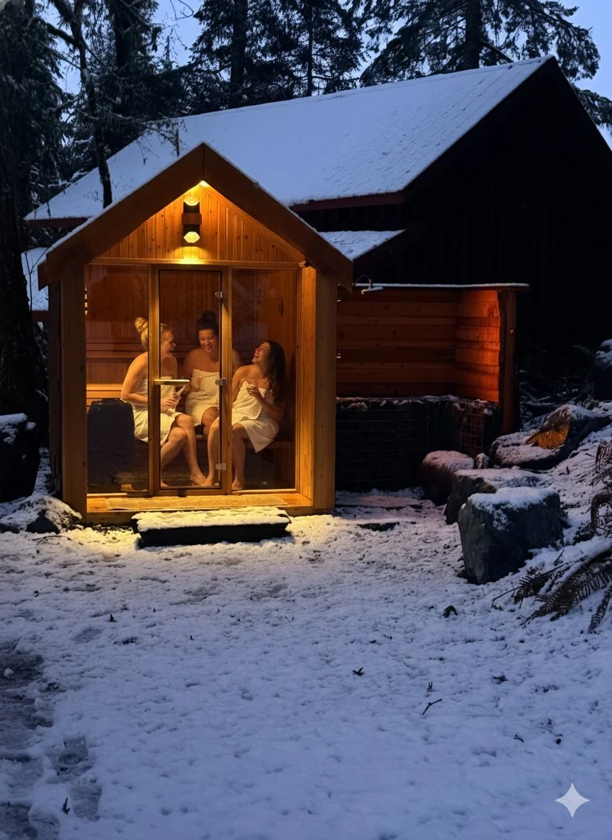 Outdoor sauna at a wellness-focused cabin near Mount Rainier