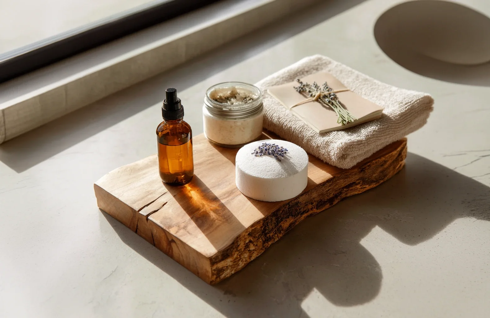Morning Reset Kit with essential oil, journal, lavender shower steamer, and dried lavender at Fjellsangin contrast therapy cabin