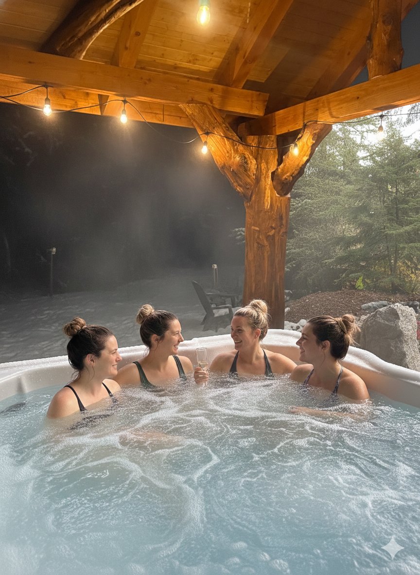 Women relaxing in a hot tub at a Mount Rainier cabin