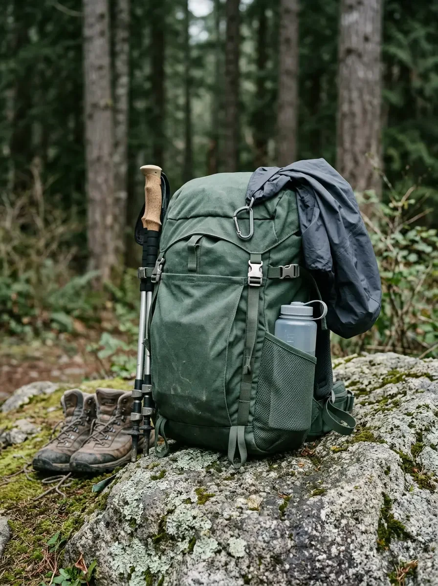 Fjellsangin packed daypack with trekking poles and boots at a forest trailhead near Mount Rainier, Ashford, WA