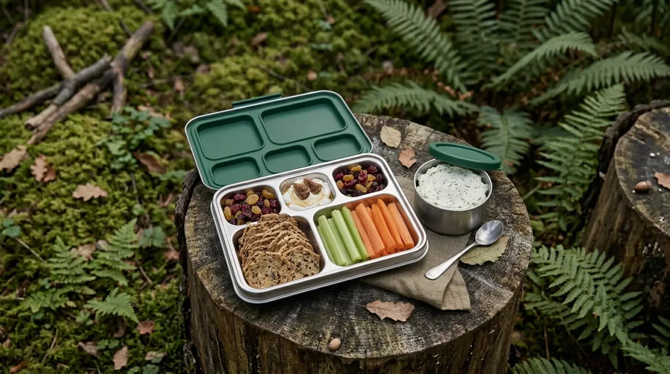 Fjellsangin Wildflower Bento — seeded crackers, whipped chive cream cheese, crudités and dried fruit in a stainless steel bento box
