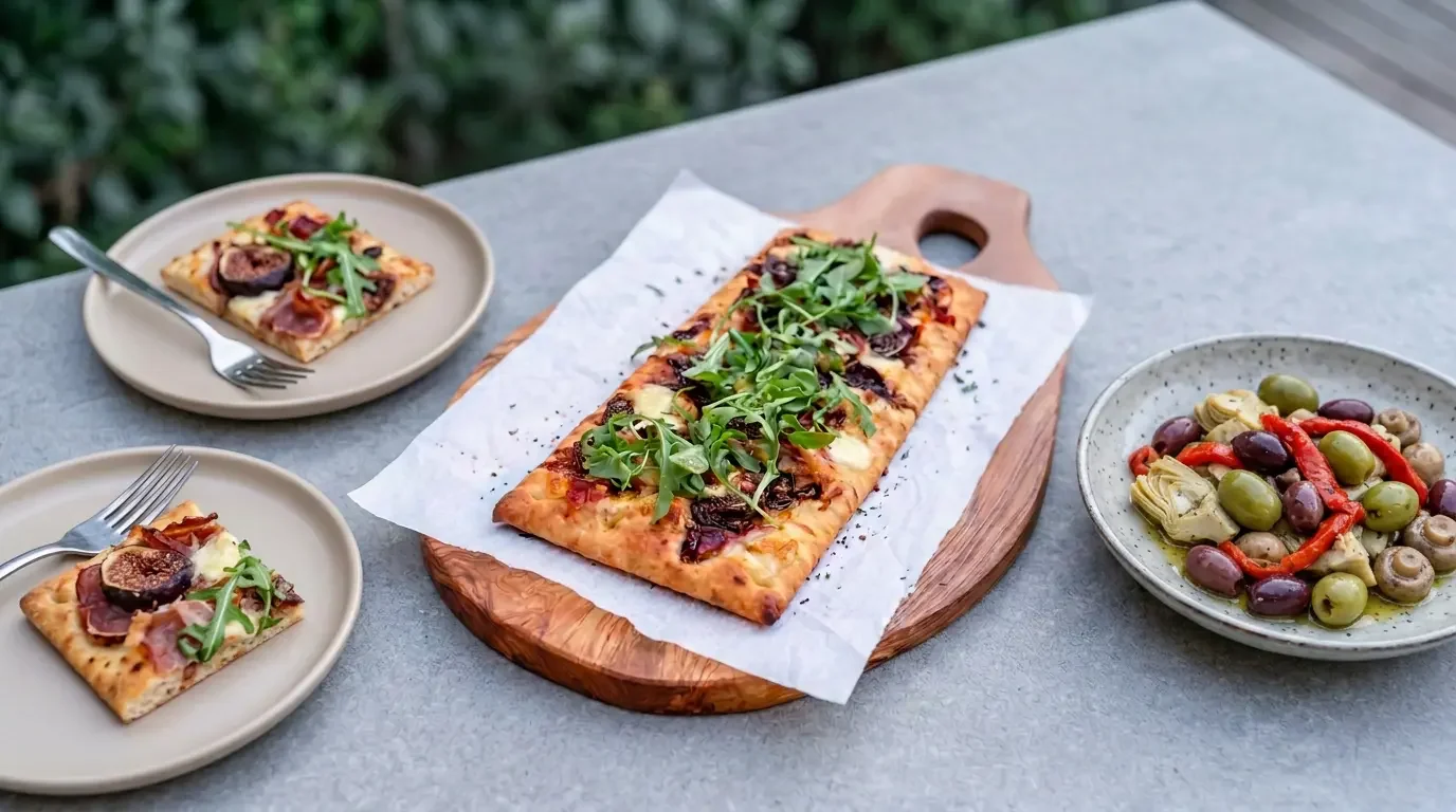 Fjellsangin Mountain Pizza Night — fig and prosciutto pizza with marinated artichokes, olives and peppers on a stone table