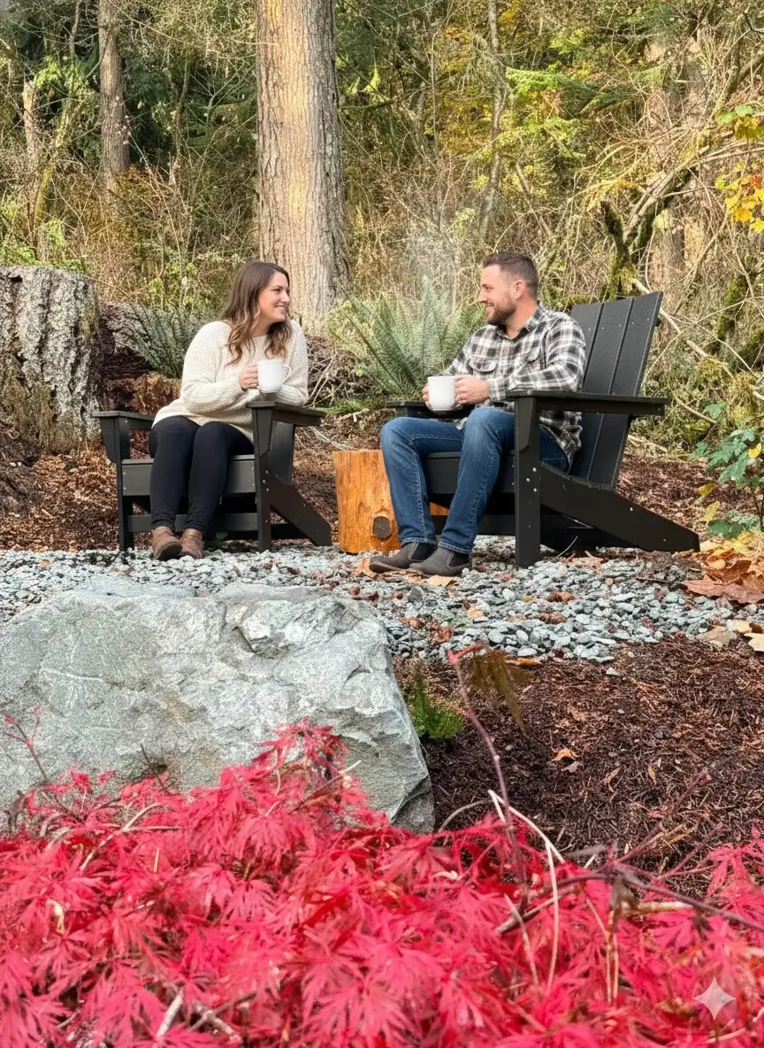 A couple sitting in Adirondack chairs at Mount Rainier honeymoon cabin.