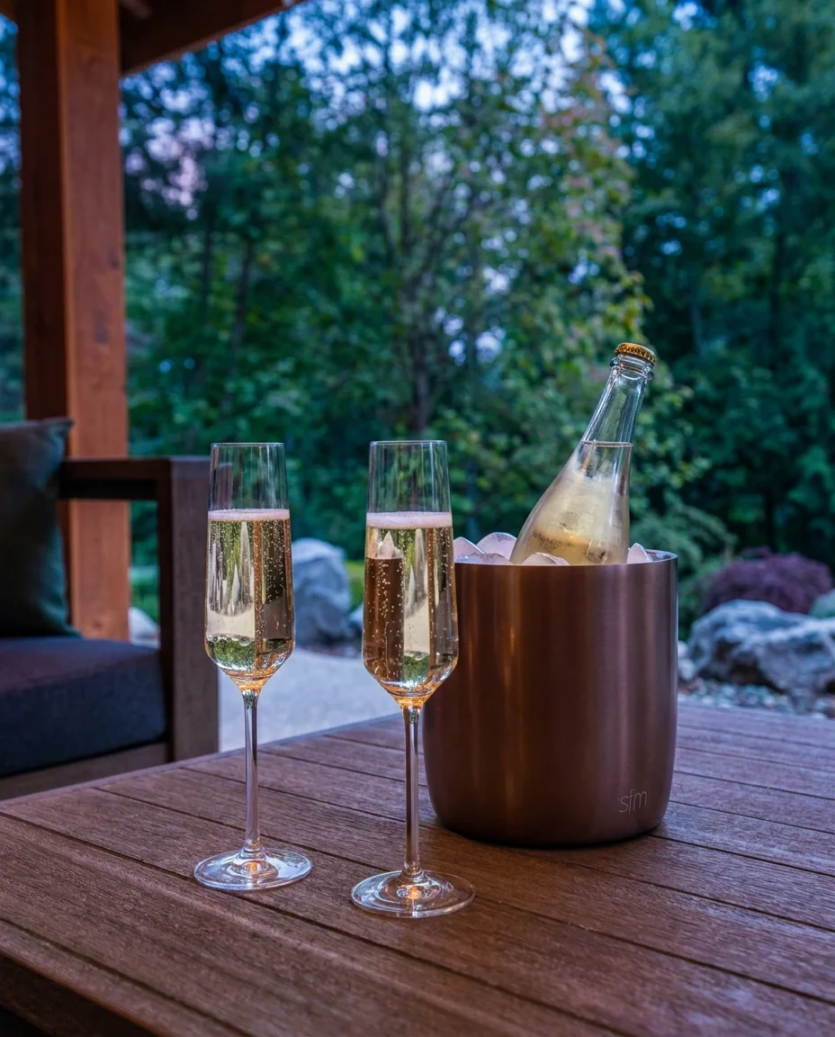Champagne on ice on the covered deck at Fjellsangin, couples retreat Mount Rainier