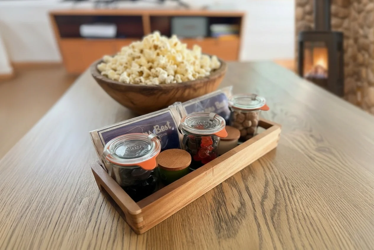 Cabin Cinema movie night kit with popcorn and vintage candy jars at Fjellsangin cabin near Mt. Rainier