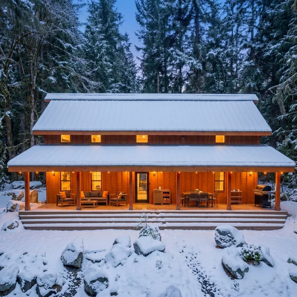 Fjellsangin forest cabin at dusk with snow on the metal roof and a lit covered front deck, ten minutes from the Nisqually Entrance near Mt. Rainier
